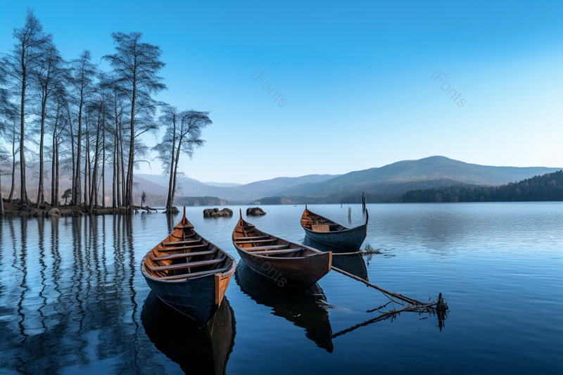 清新简约风格的山峰湖泊树干渔船风景图,高清,摄影图,摄影图片,图片大全,摄影图免费下载